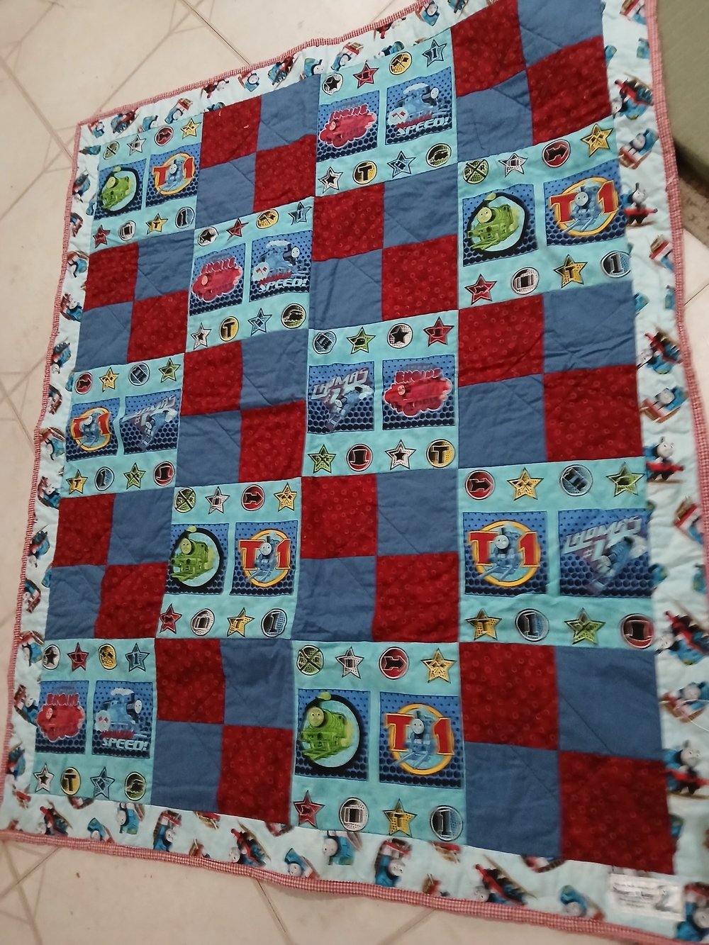Adorable Hand-Stitched Thomas the Tank Engine Train Crib Quilt  James Percy